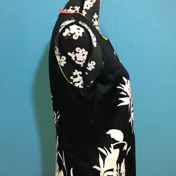Tahari Bright Neon Dress EUC Woman's 12 Green Orange Colorblock Floral Print Fun - Picture 4 of 13